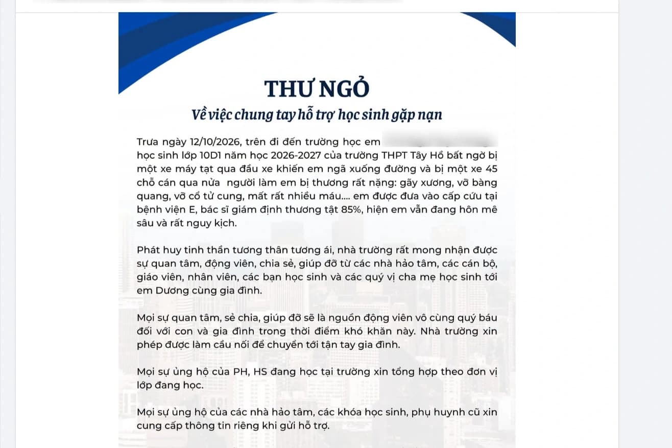 Cùng chung tay hỗ trợ nữ sinh lớp 10 bị tai nạn nghiêm trọng tại Hà Nội
